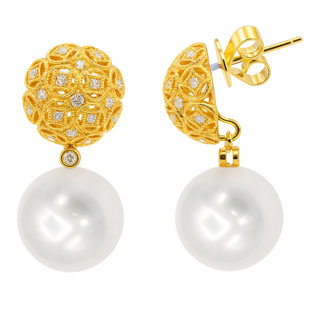 18K Yellow Gold South Sea Pearl Earrings, 13-14mm, 0.3ct