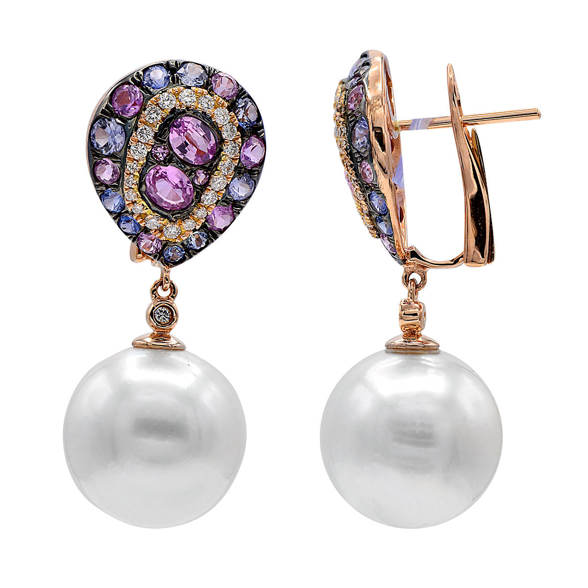 18KR White South Sea Pearl Earrings, 13-14mm
