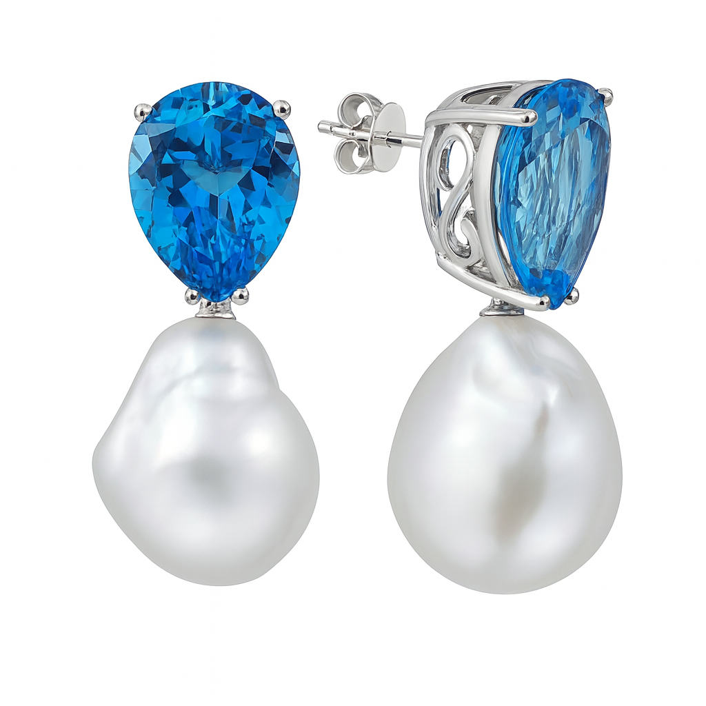 18K White Gold Swiss Blue Topaz South Sea Pearl Earrings, 20.7ct