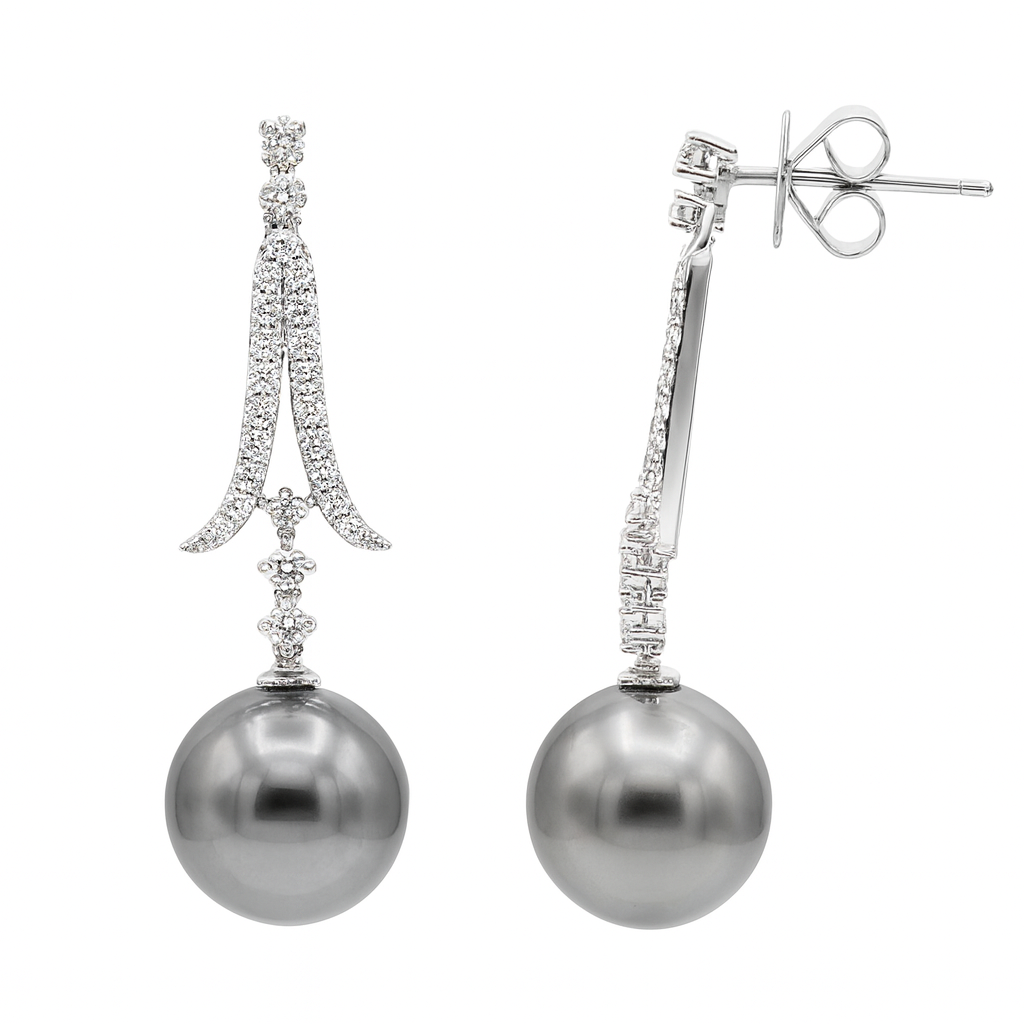 18K White Gold Tahitian Pearl Earrings, 12-13mm, 0.6ct