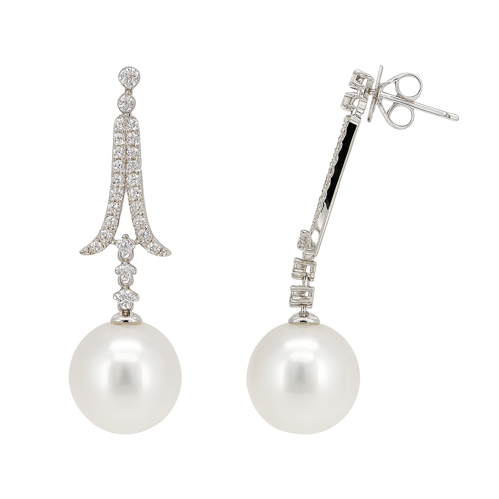 18K White Gold South Sea Pearl Earrings, 12-13mm, 0.6ct
