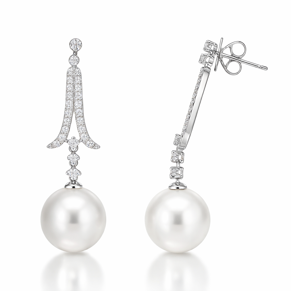 18K White Gold South Sea Pearl Earrings, 12-13mm, 0.6ct