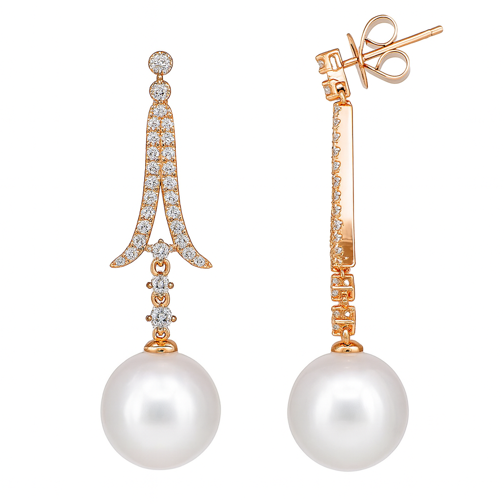 18K Rose Gold South Sea Pearl Earrings, 12-13mm, 0.57ct
