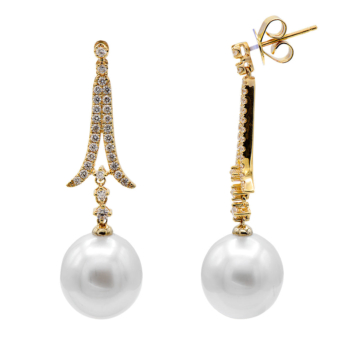 18KY White South Sea Pearl Earrings, 12-13mm