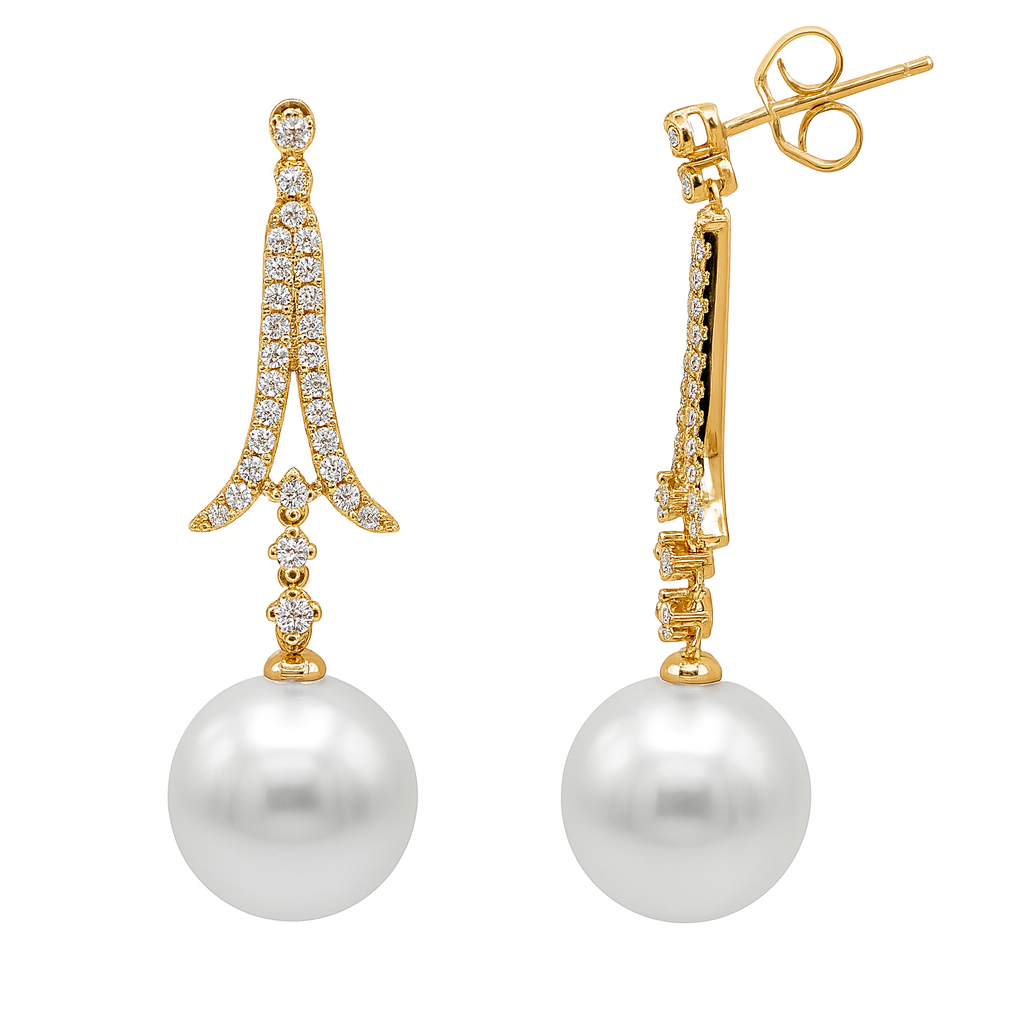 18K Yellow Gold South Sea Pearl Earrings, 12-13mm, 0.6ct