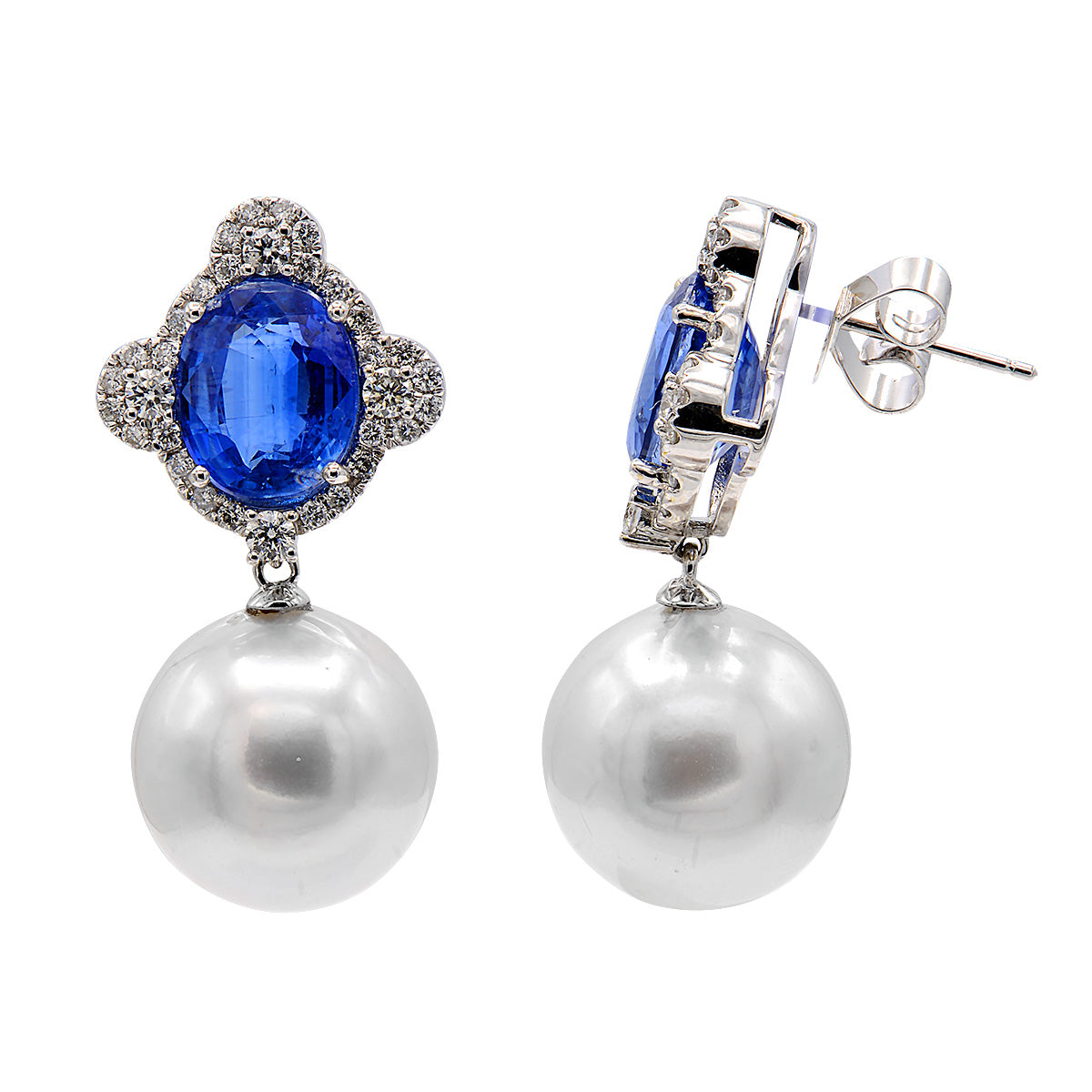 18KW White South Sea Pearl Earrings, 13-14mm