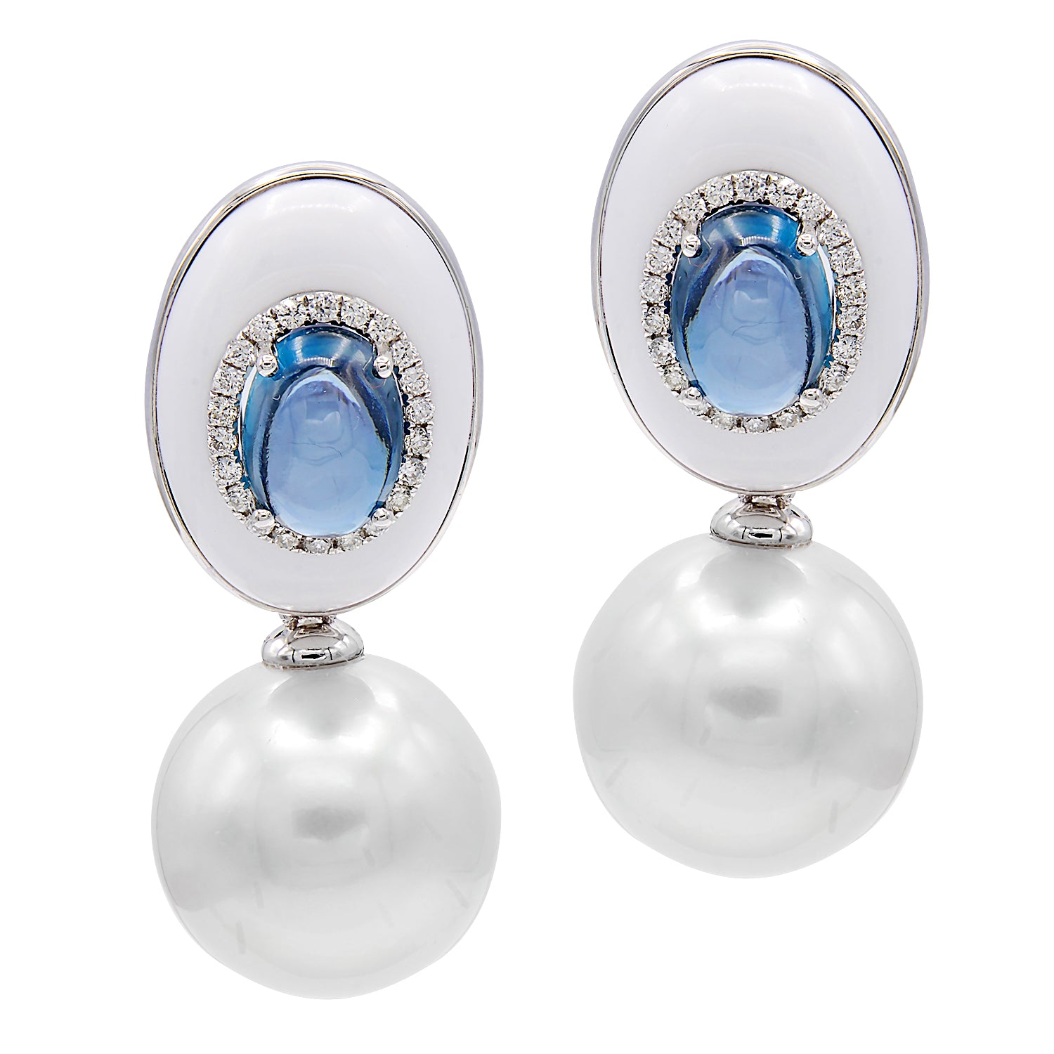 18KW White South Sea Pearl Earrings, 13-14mm