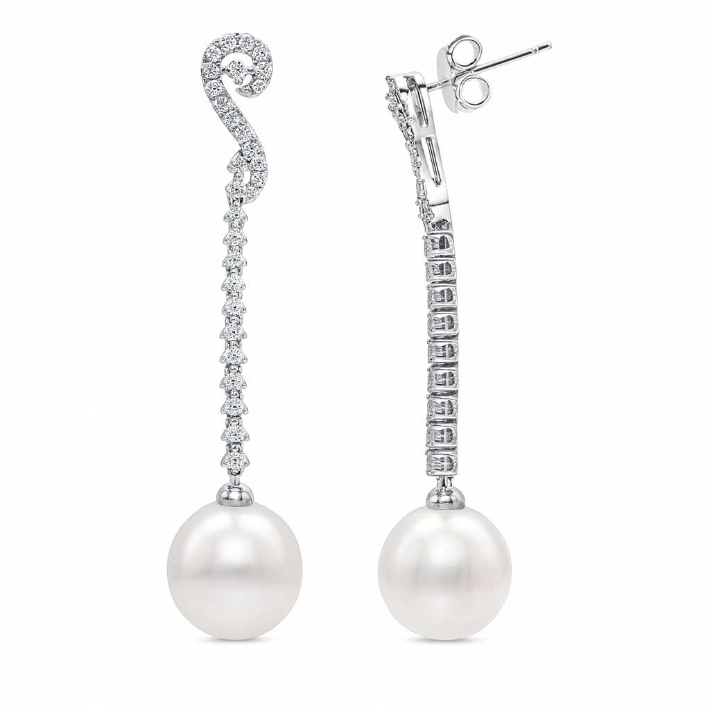 18K White Gold South Sea Pearl Earrings, 10-11mm, 0.52ct
