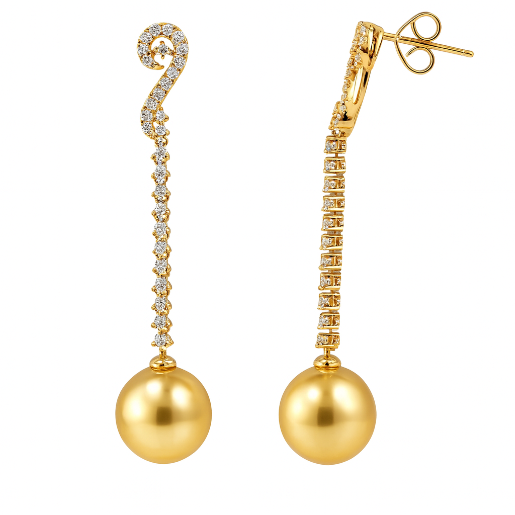 18K Yellow Gold Golden Pearl Earrings, 10-11mm, 0.52ct