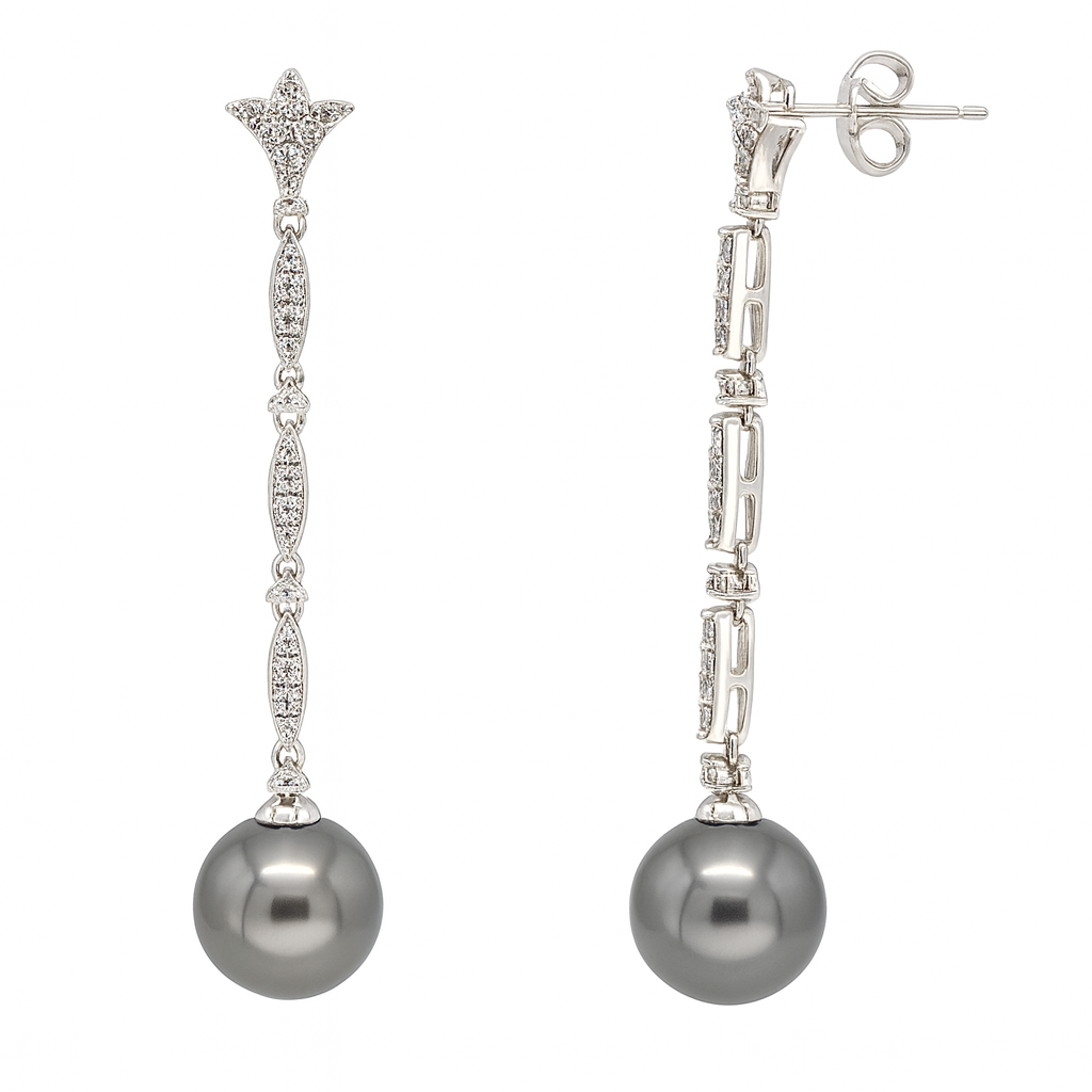18K White Gold Tahitian Pearl Earrings, 10-11mm, 0.42ct