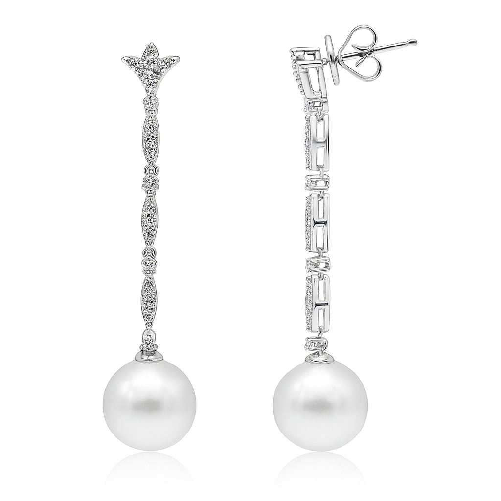 18K White Gold South Sea Pearl Earrings, 10-11mm, 0.42ct