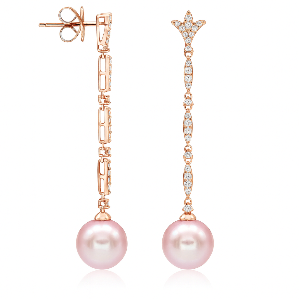 18K Rose Gold Freshwater Pearl Earrings, 10-11mm, 0.42ct