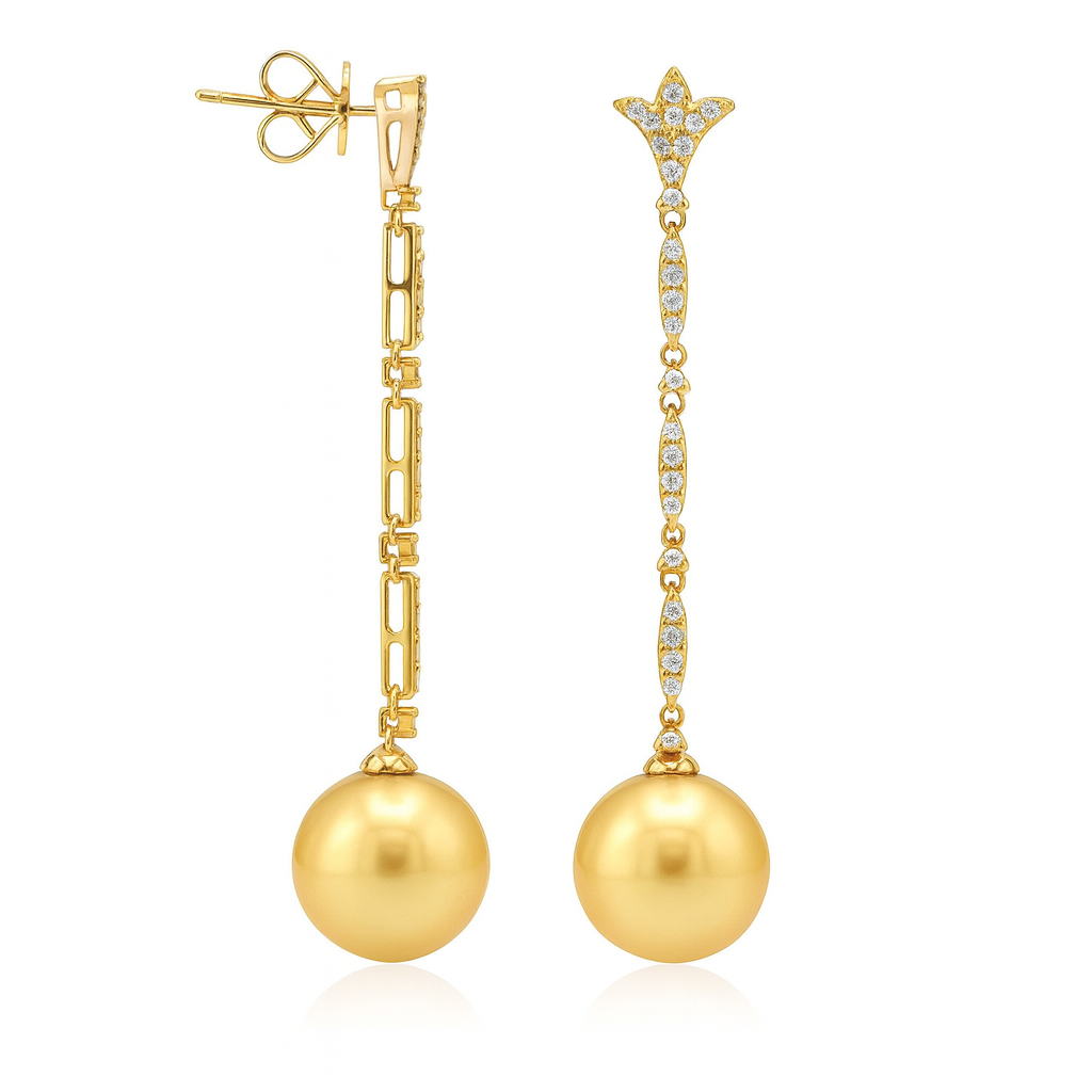 18K Yellow Gold South Sea Pearl Earrings, 10-11mm, 0.42ct