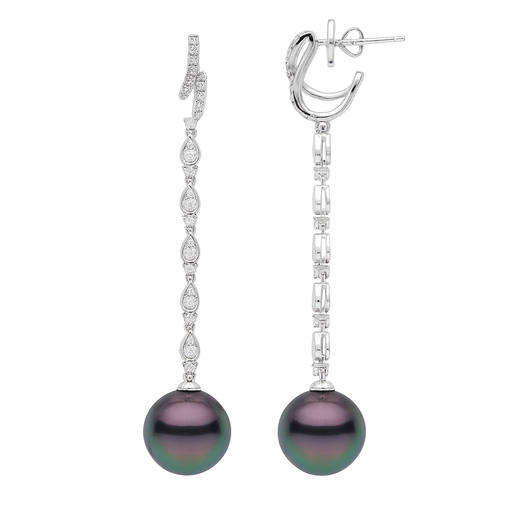 18K White Gold Tahitian Pearl Earrings, 11-12mm, 0.58ct