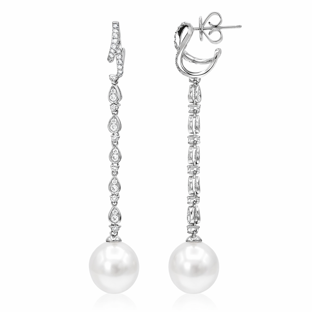 18K White Gold South Sea Pearl Earrings, 11-12mm, 0.58ct