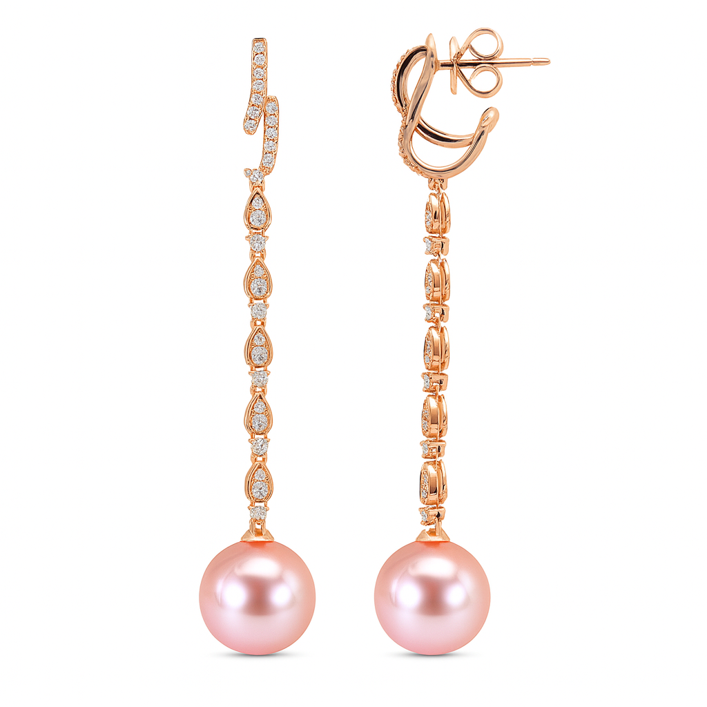 18K Rose Gold Freshwater Pearl Earrings, 11-12mm, 0.58ct