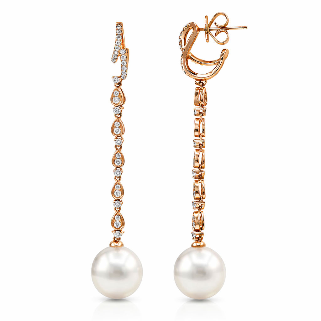 18K Rose Gold South Sea Pearl Earrings, 11-12mm, 0.58ct