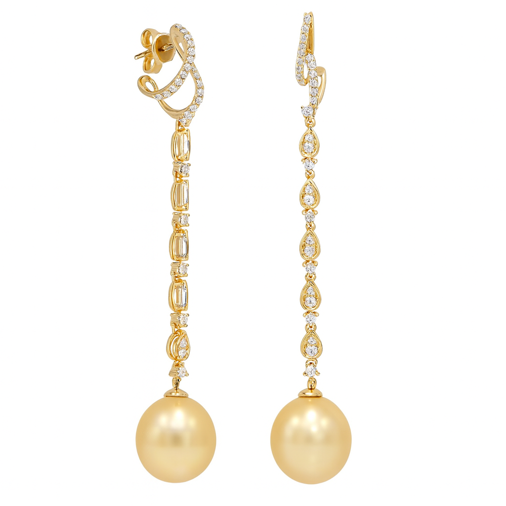 18K Yellow Gold Pearl Earrings, 11-12mm, 0.58ct
