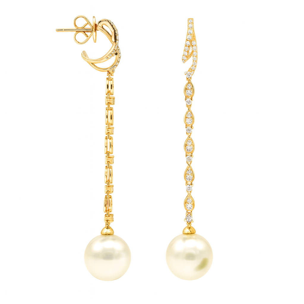 18K Yellow Gold South Sea Pearl Earrings, 11-12mm, 0.58ct