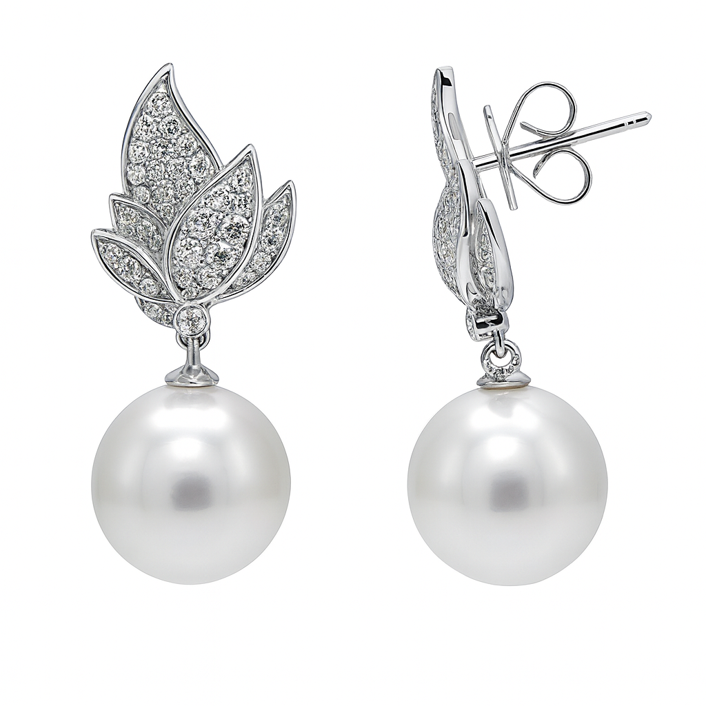 18K White Gold White South Sea Pearl Earrings, 11-12mm, 0.63ct