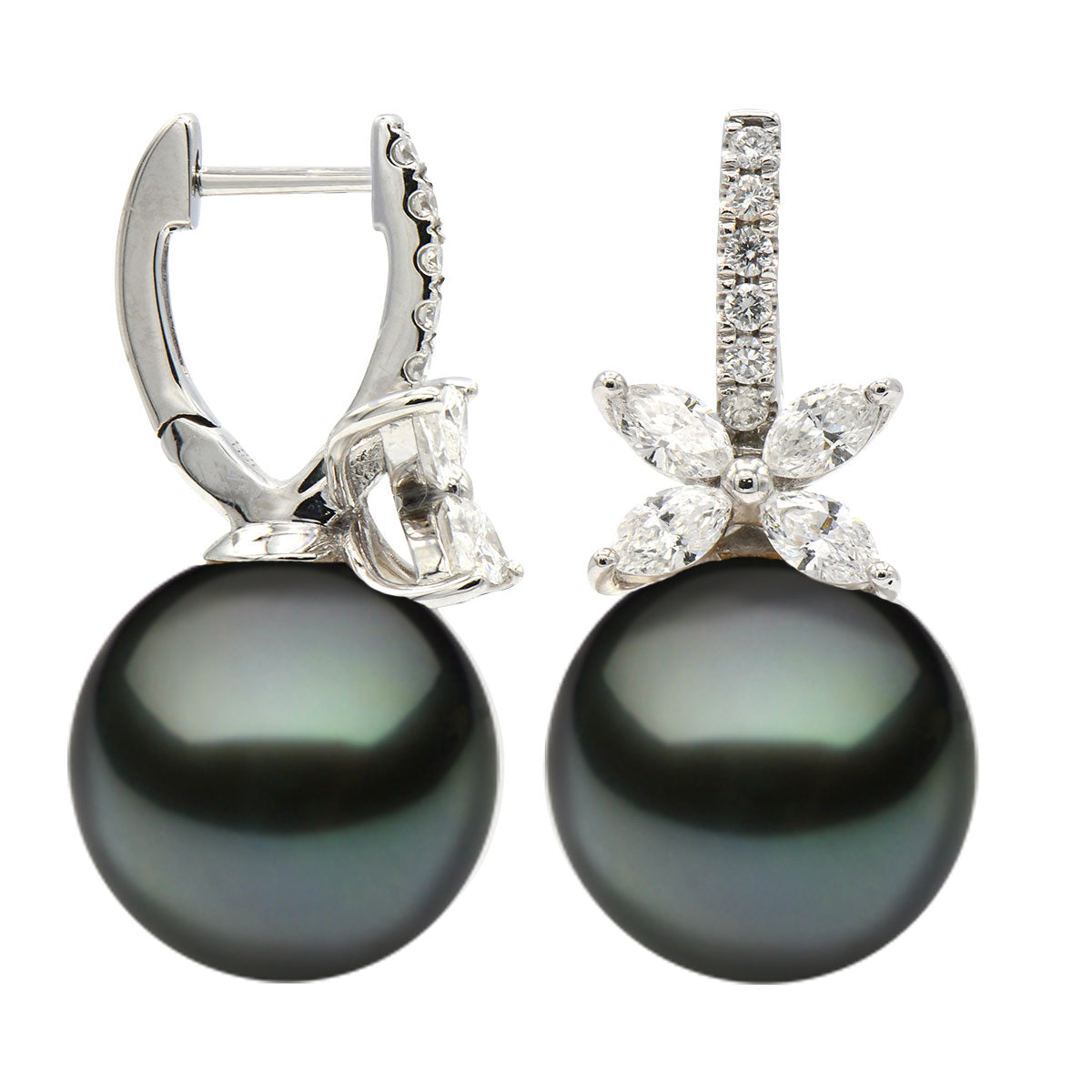 E012541-T - 18KW/3.9G EarringsTahitian 8MARQ-0.79CT 12RD-0.17CT 13-14mm