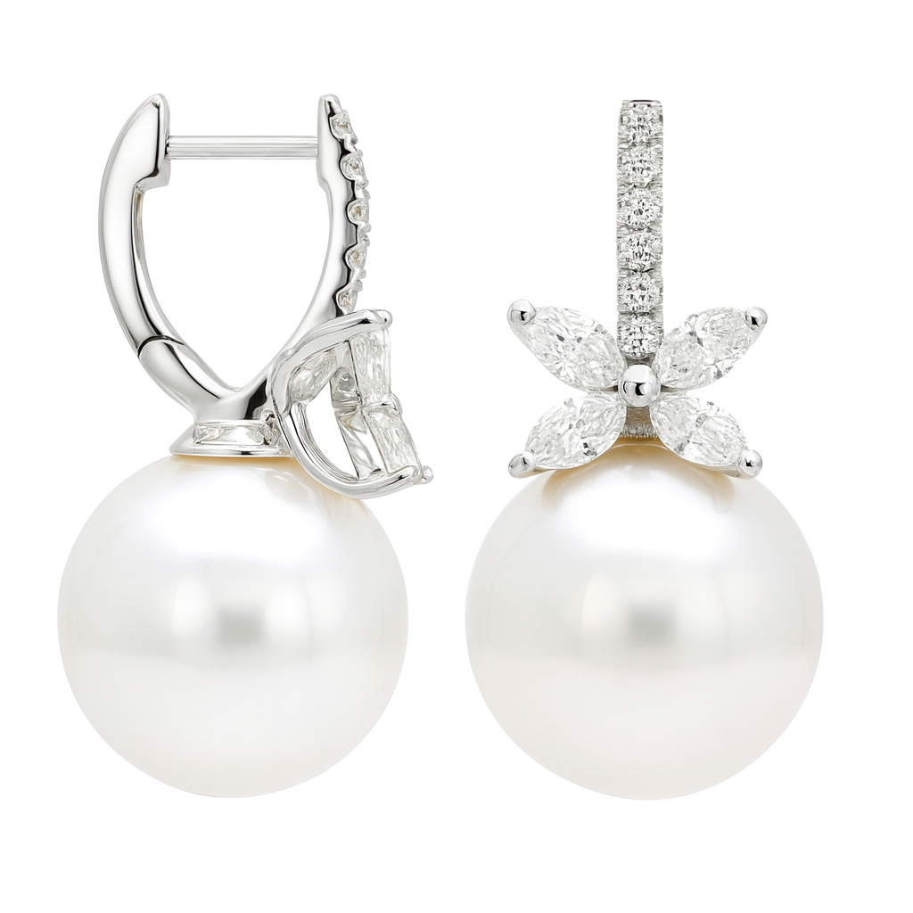 18K White Gold South Sea Pearl Earrings, 13-14mm, 0.79ct