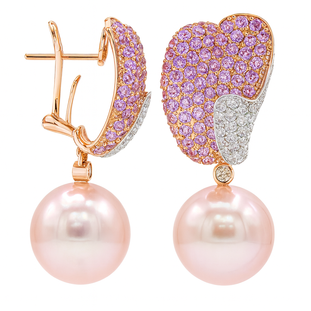 18K Rose Gold Freshwater Pearl Earrings, 14-15mm, 4.35ct
