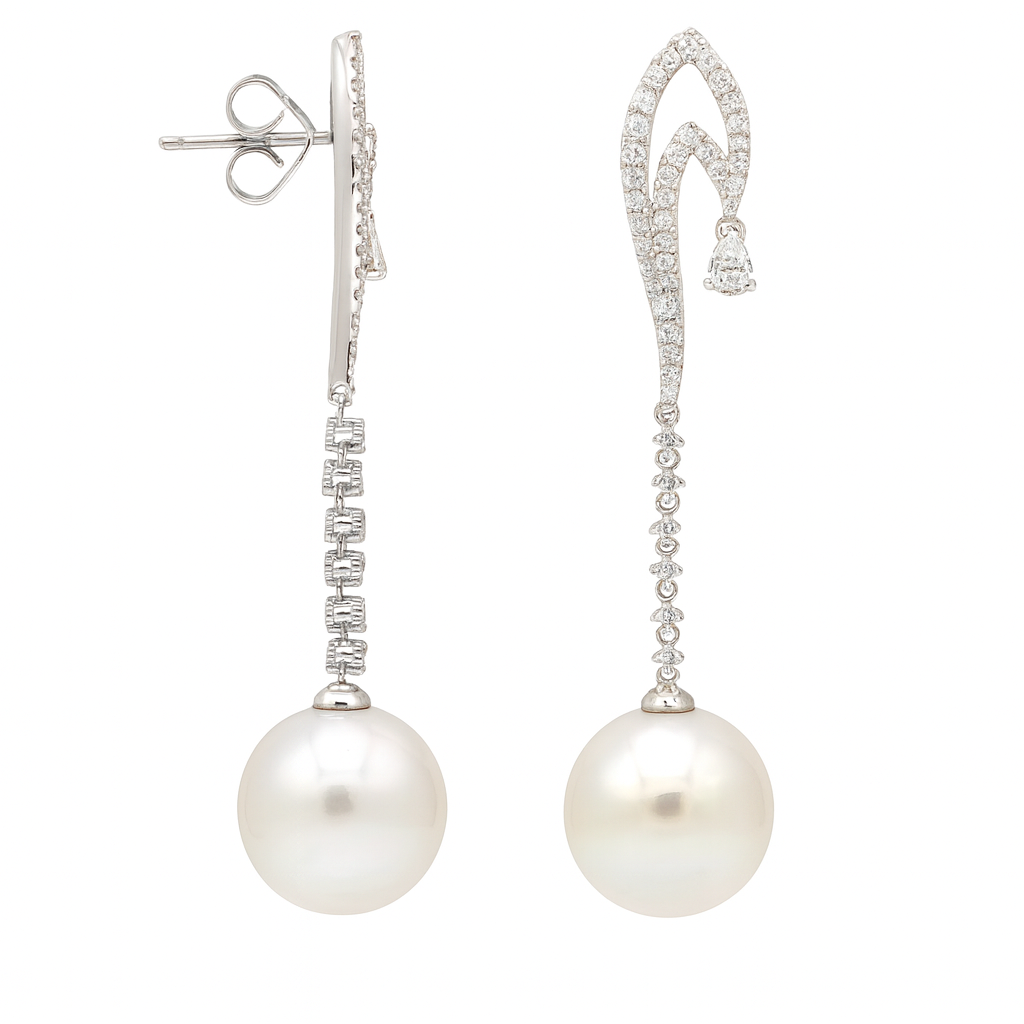 18K White Gold South Sea Pearl Earrings, 12-13mm, 0.86ct