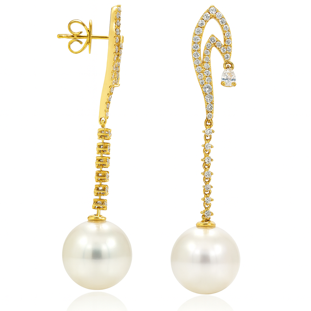 18K Yellow Gold South Sea Pearl Earrings, 12-13mm, 0.86ct