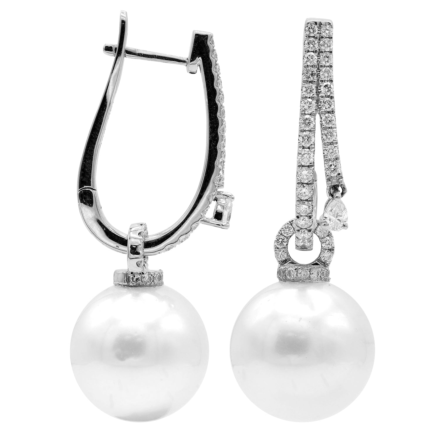 18KY White South Sea Pearl Earrings, 13-14mm