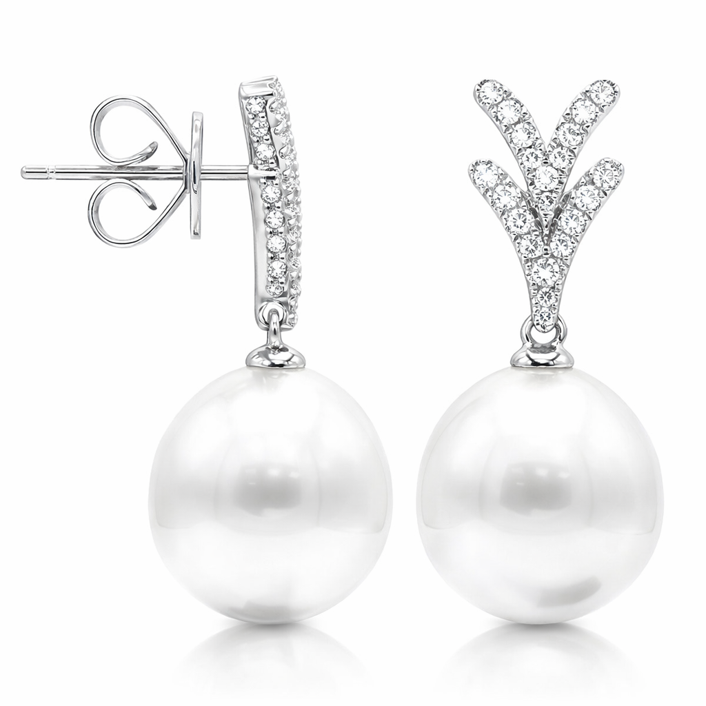 18K White Gold South Sea Pearl Earrings, 11-12mm, 0.26ct