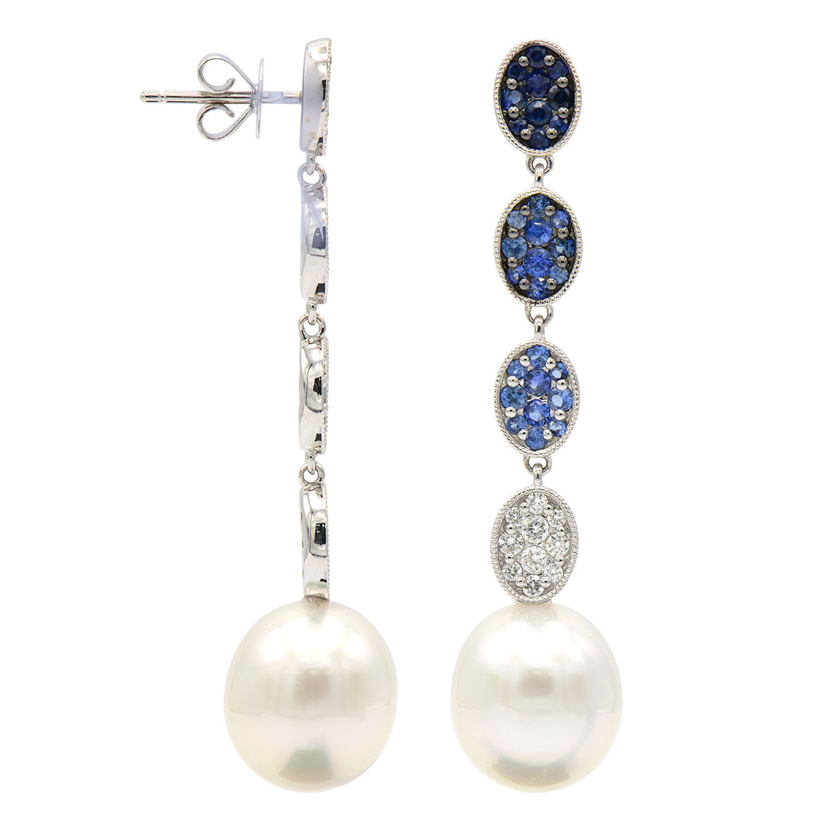 18KW White South Sea Pearl Earrings, 11-12mm
