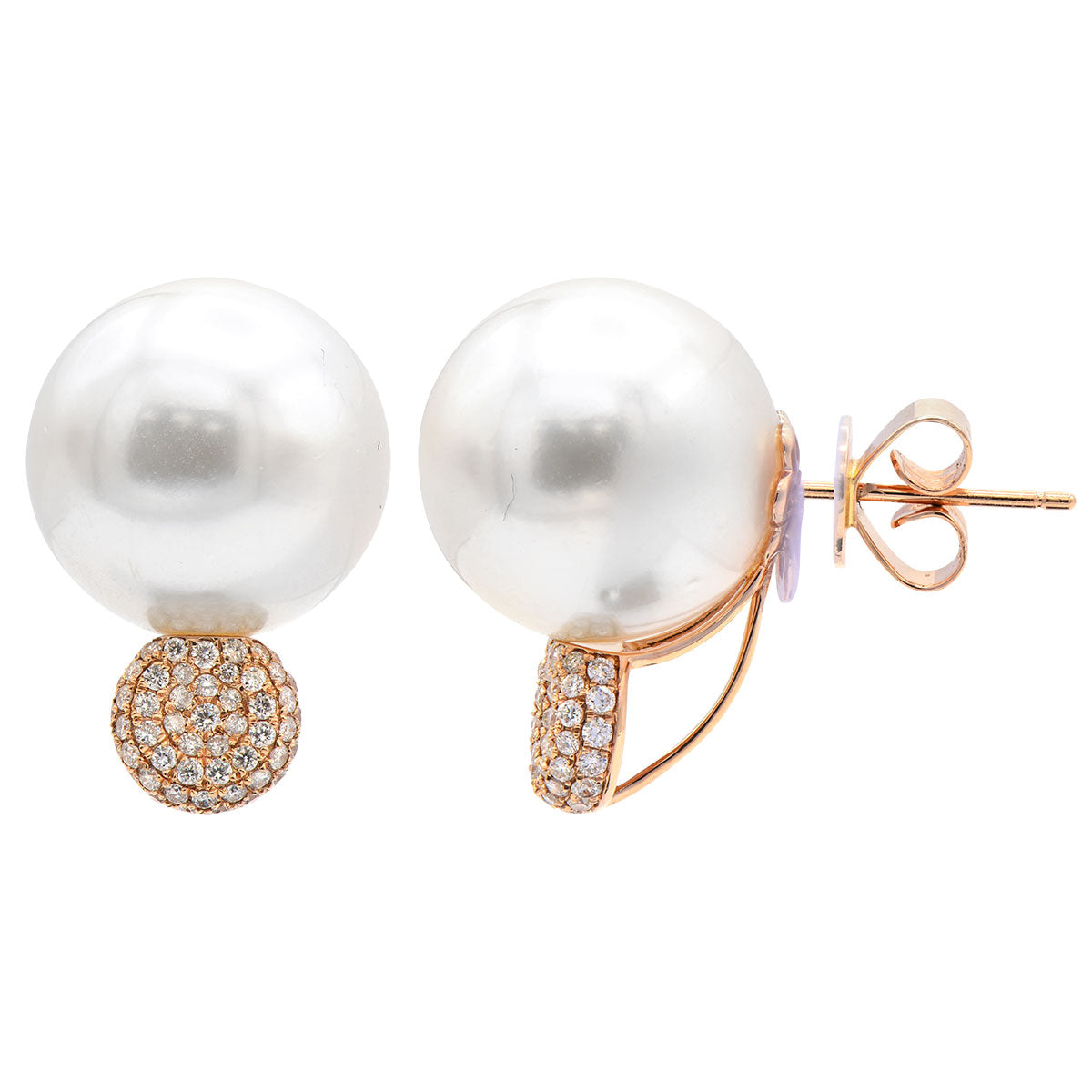 18KR White South Sea Pearl Earrings, 14-15mm