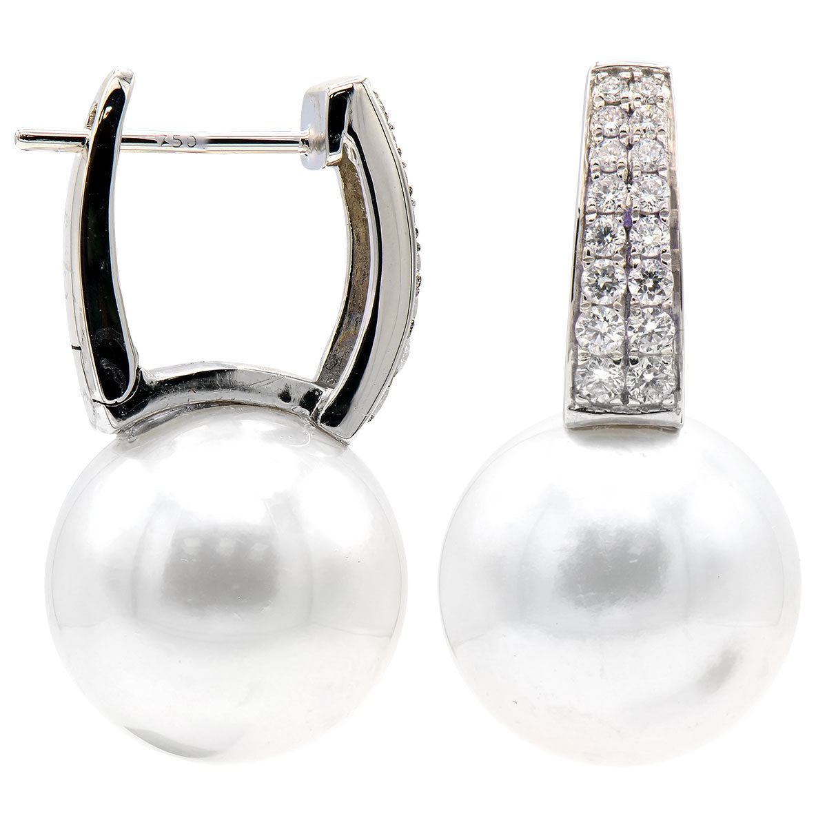 18KW White South Sea Pearl Earrings, 13-14mm