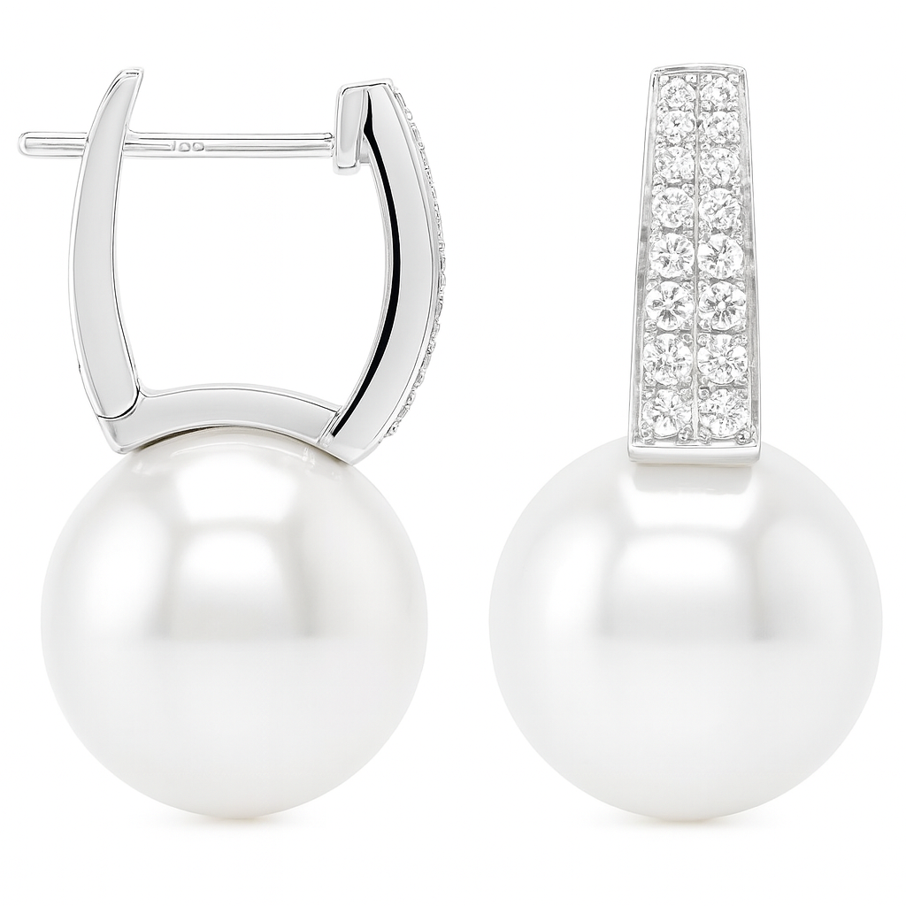 18K White Gold South Sea Pearl Earrings, 13-14mm, 0.4ct