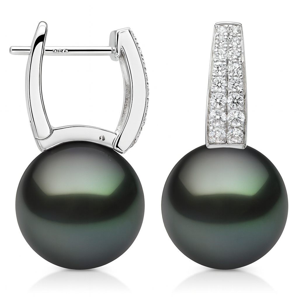 18K White Gold Tahitian Pearl Earrings, 13-14mm, 0.4ct