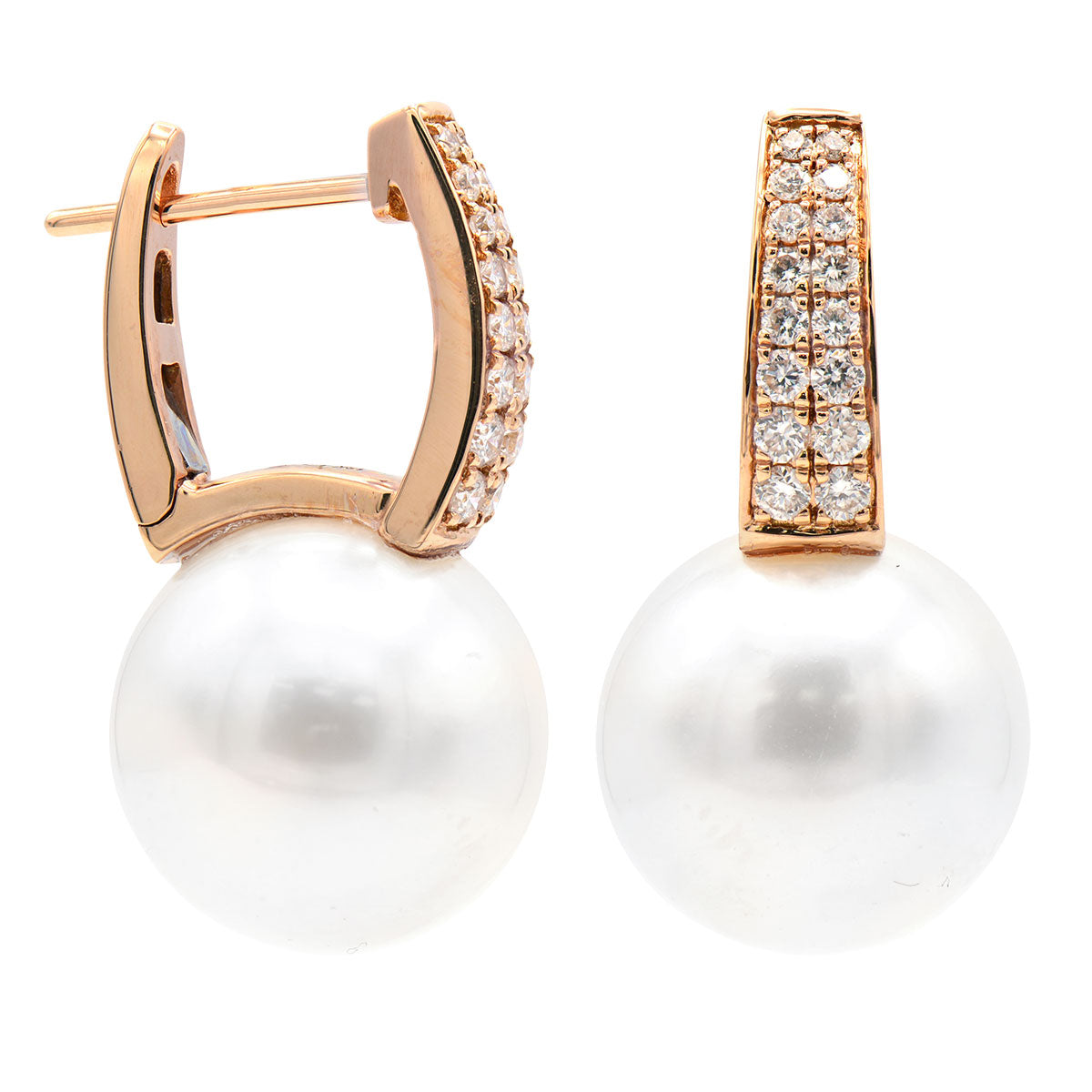18KR White South Sea Pearl Earrings, 13-14mm