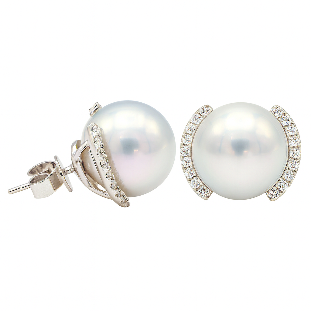 18K White Gold South Sea Pearl Earrings, 13-14mm, 0.41ct
