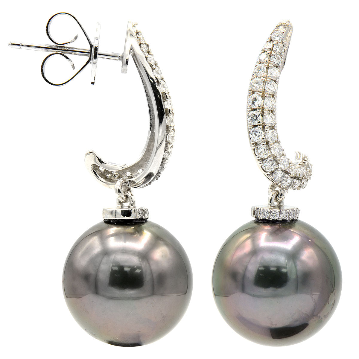 E012565-T - Earrings 18KW/2.4G 74RD-0.47CT Tahitian 12-13mm