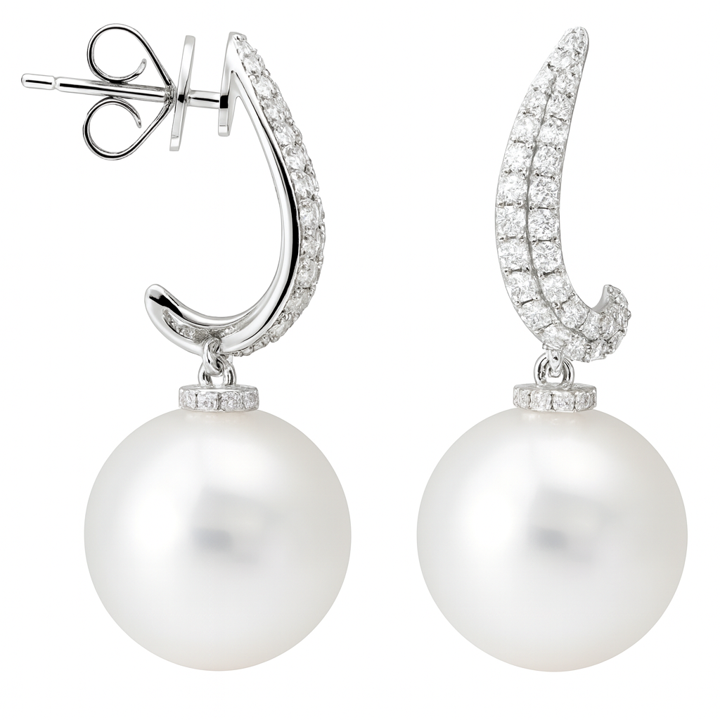 18K White Gold South Sea Pearl Earrings, 12-13mm, 0.47ct