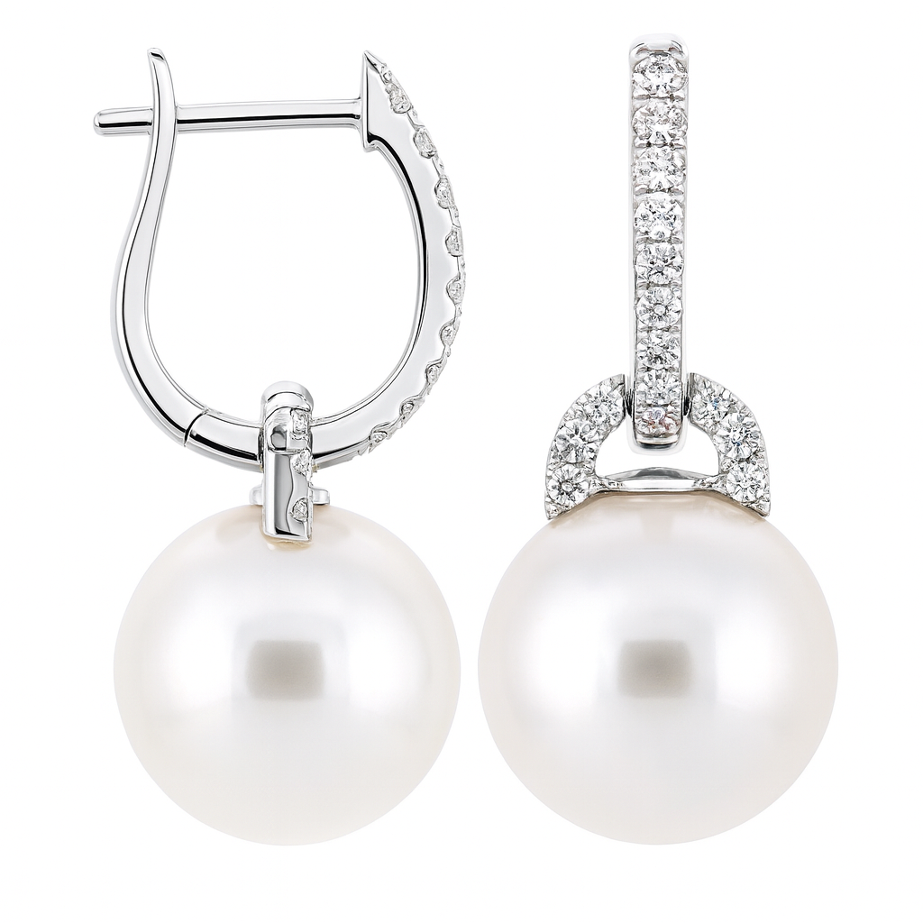 18K White Gold Freshwater Pearl Earrings, 12-13mm, 0.41ct