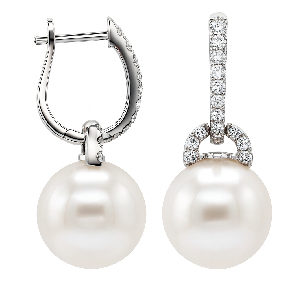 18K White Gold South Sea Pearl Earrings, 12-13mm, 0.41ct