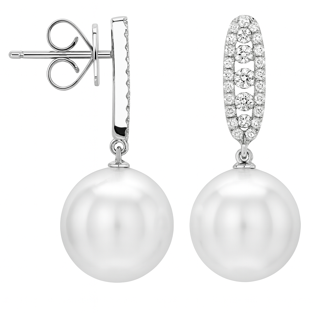 18K White Gold South Sea Pearl Earrings, 11-12mm, 0.5ct