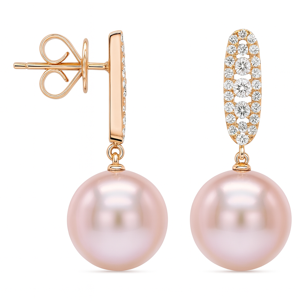 18K Rose Gold Freshwater Pearl Earrings, 11-12mm, 0.45ct