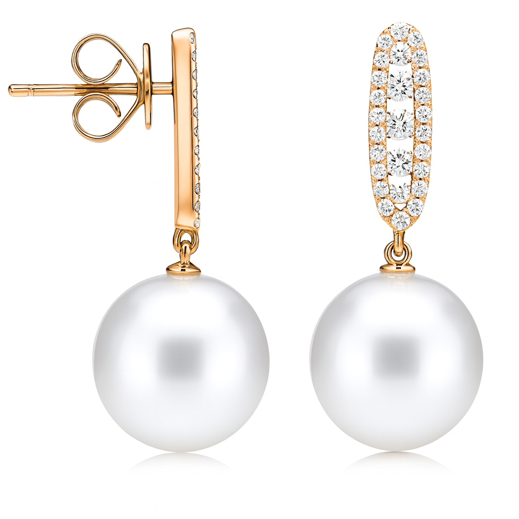 18K Rose Gold Freshwater Pearl Earrings, 10-11mm, 0.45ct