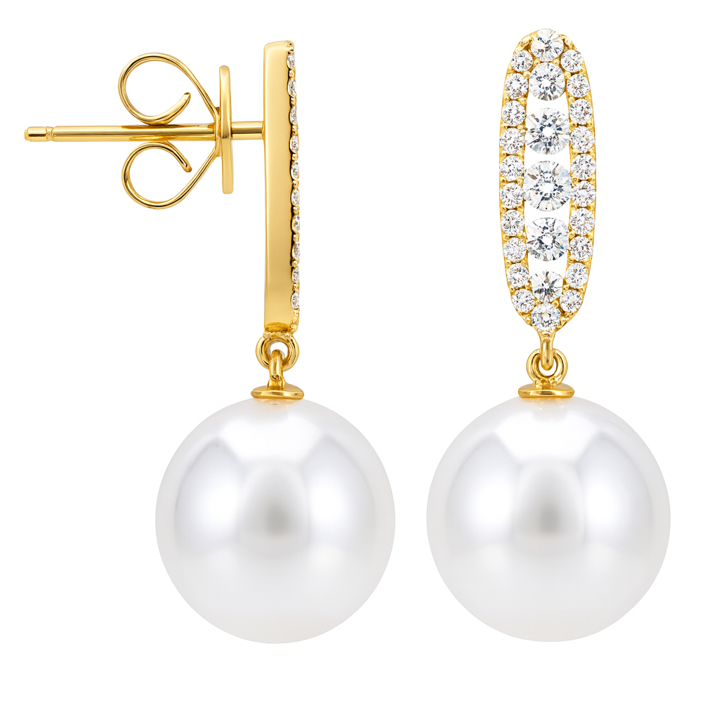 18K Yellow Gold Freshwater Pearl Earrings, 11-12mm, 0.45ct