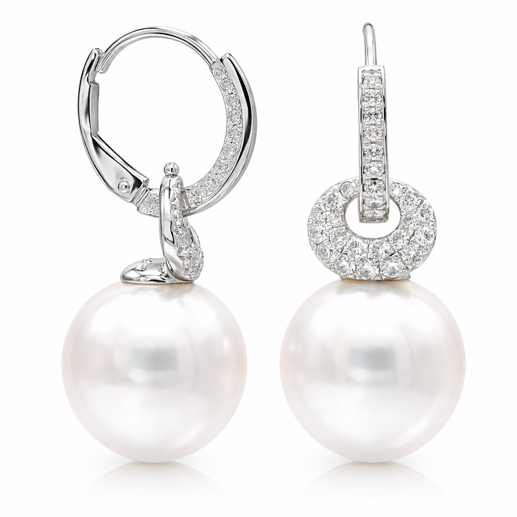 18K White Gold Freshwater Pearl Earrings, 12-13mm, 0.57ct