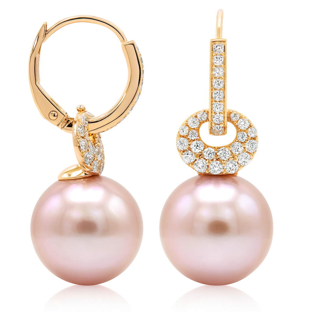 18K Rose Gold Freshwater Pearl Earrings, 12-13mm, 0.57ct