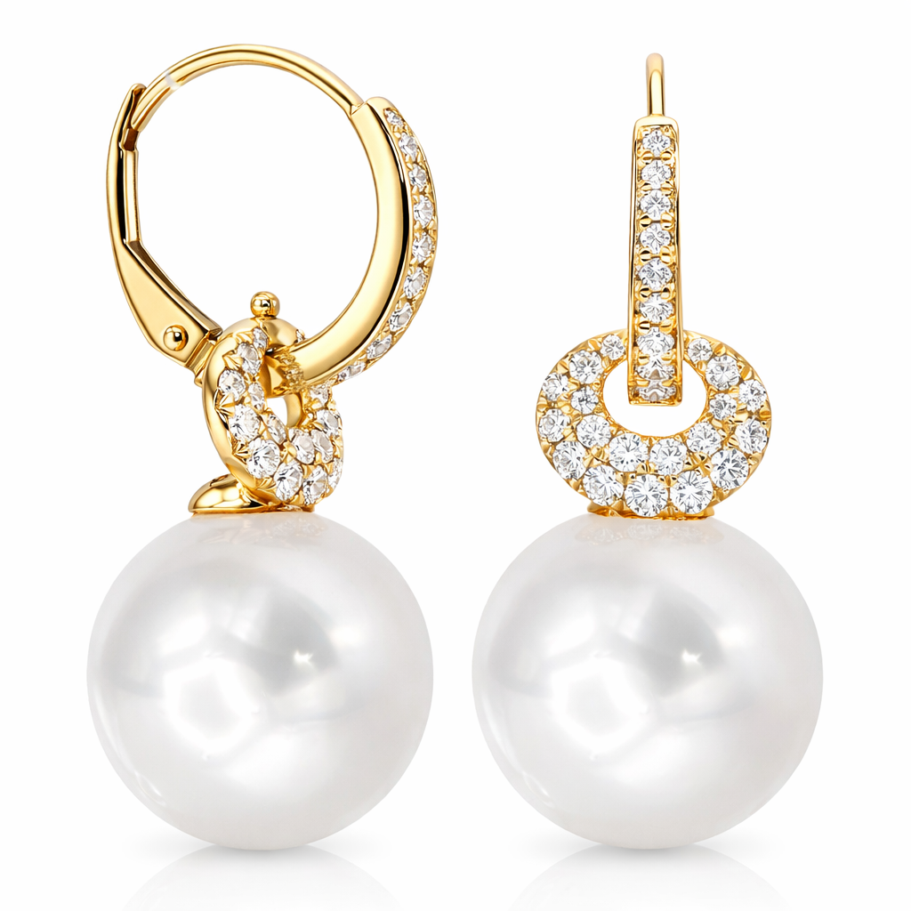18K Yellow Gold South Sea Pearl Earrings, 12-13mm, 0.57ct