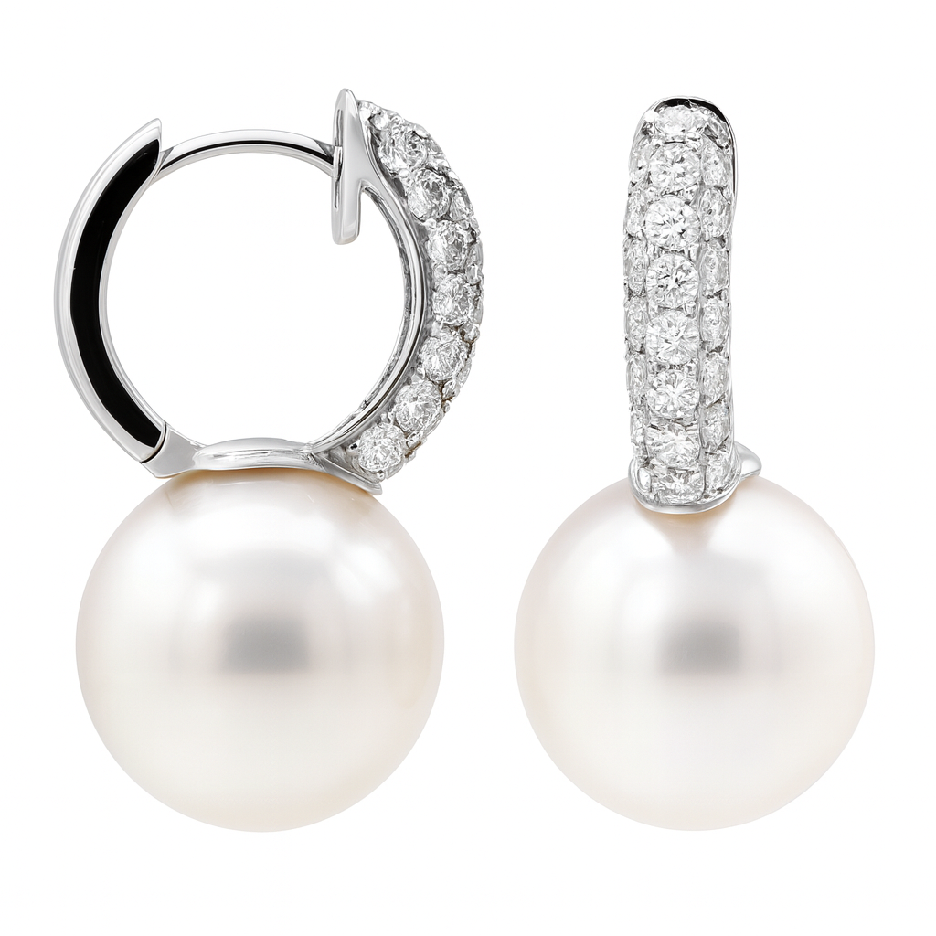 18K White Gold South Sea Pearl Earrings, 12-13mm, 0.7ct